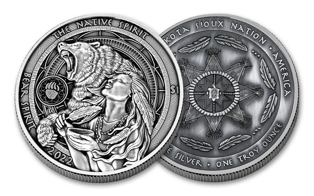 2022 Oglala Sioux $1 1-oz Silver “Native Spirits' Bear UHR Antiqued Coin BU  | GovMint.com